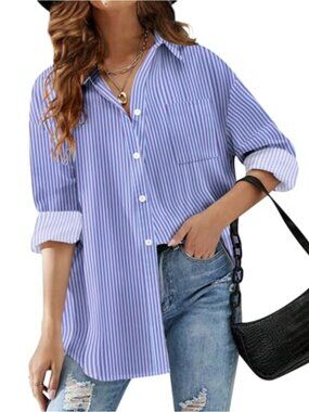 Oversized Cotton Blend Button Down Shirt with Pockets Business Casual Top